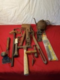 Vintage oiler, hammer, planes, scraper and more