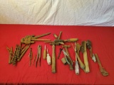 LArge collection of assorted hand tools, auger bits, hammers and more