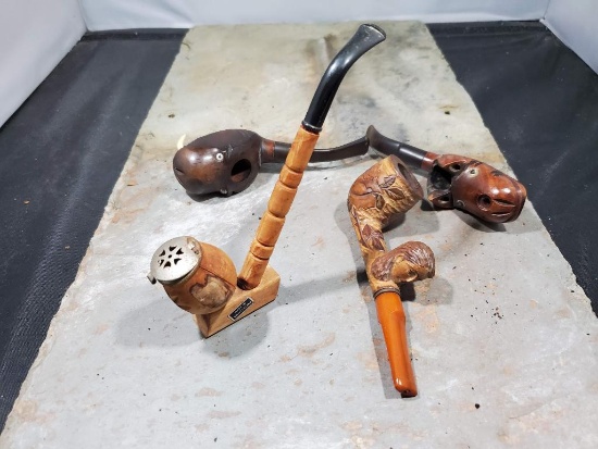 4 pipes, Wood Walrus made in Italy Italian Briar, Wood carving on front sticker made in switzerland,