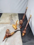 4 pipes, Wood figure no markings, Wood spencer, Wood carved with flowers Italy, Wood carved face no