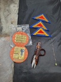 Patches, sewing kit A&P West Germany, Wiss Cutrs and hat pin