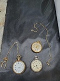 three pocket watches two are missing glass Elgin has a watch chain 17580130, Bulls eye missing back,