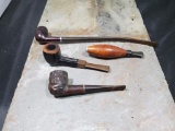 4 pipes, Leather stitched La I6lon France eagle on stem, Wood carved Pipemaker imported Briar,