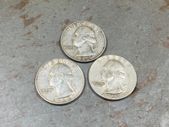 3- 90% US Washington Quarters, 1957, 1960 and 1962