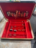 Men's Buxton Leather Jewel;ry Box with collection of tie clips, cufflinks and tie pins