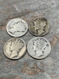 4- Assorted 90% Silver Mercury Dimes