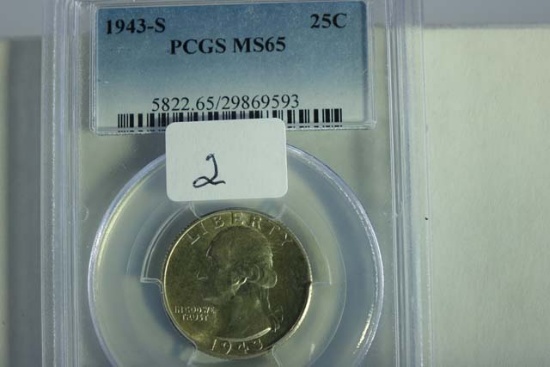 1943S WASHINGTON QUARTER PCGS MS65