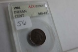 1901 INDIAN HEAD CENT IN ACG MS62 HOLDER