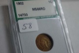 1902 INDIAN HEAD CENT IN ANI MS66 RD HOLDER