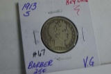 1913S BARBER QUARTER VG+ RARE