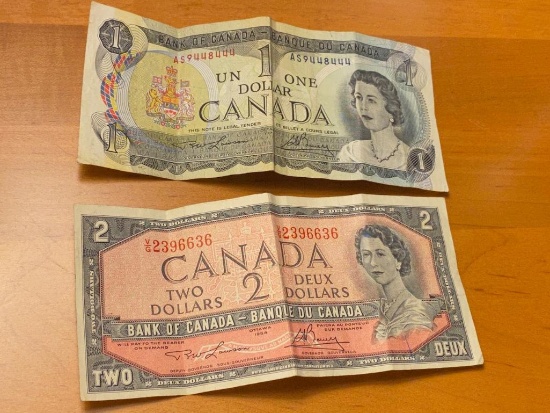 Canadian $1 bill, and 1954 Canadian $2 bill