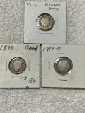 1898, 1914-D, and 1916 Barber Dimes, 90% Silver