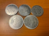 Assorted Schedule Tokens, Iowa, Wayne State, and Tulsa, all aluminum