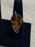Sterling Silver and Amber ring, total weight is 5 grams, one side of shank is open for flex size