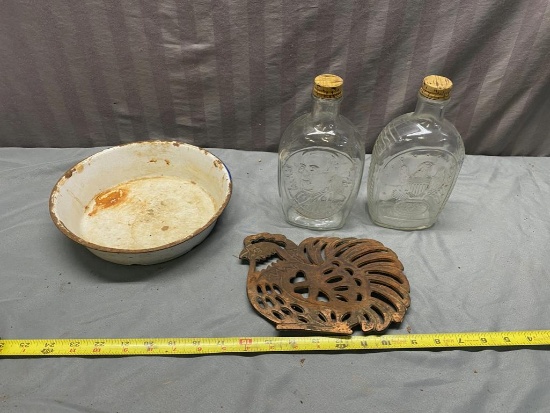 Water bowl, 2 glass bottles, and Chicken trivet