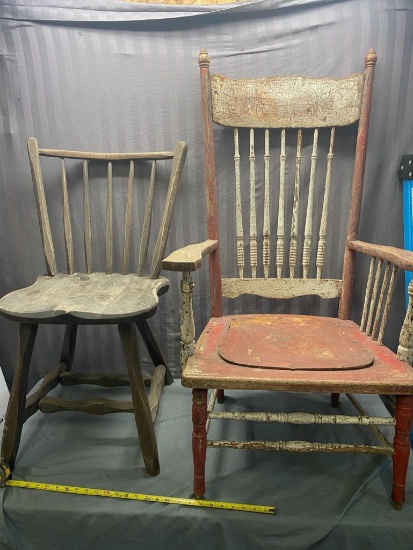 Pair of antique wooden chairs, one was a rocker, now missing the rocker rungs