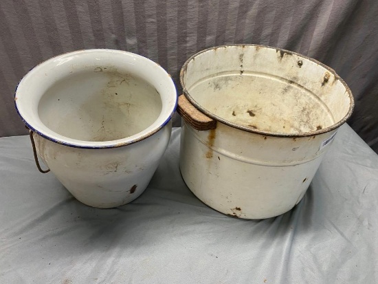 Pair of enamelware pots, both will not hold water, decorative use only