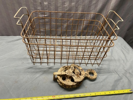 Rusty pulley (seized) and pair of wire baskets