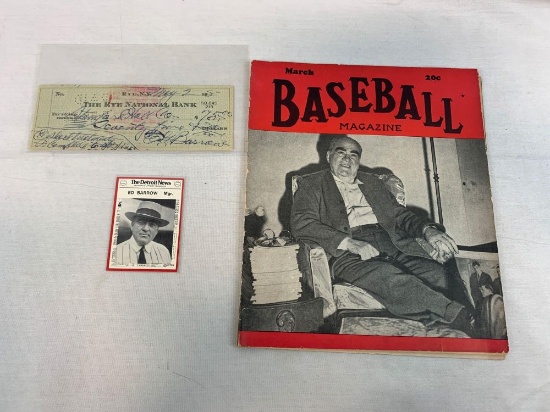 HOF'er Ed Barrow signed check & 1947 Baseball Magazine
