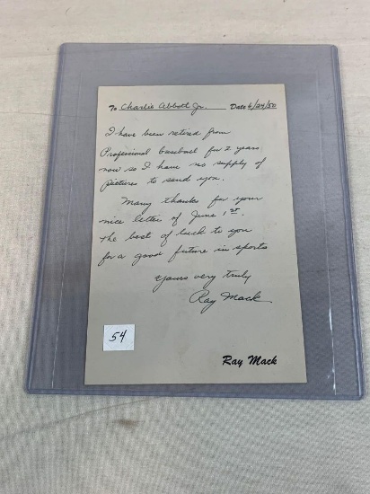 “Rare” Ray Mack (Cleveland Indians 1938-46) Signed Letter (JSA)