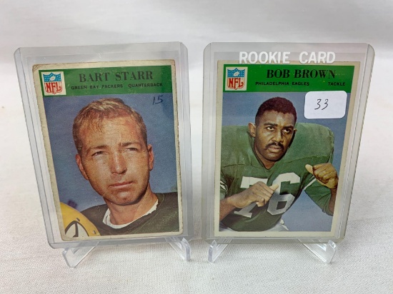 Two 1966 Philadelphia Brand Football Cards - Bob Brown Rookie & Bart Starr