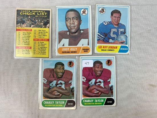 Five 1968 Topps Football Cards - (2) Taylor, Jordan, Kelly & Checklist