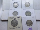 2-1923,23S,25,25D,26, BUFFALO NICKELS (6-COINS)