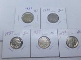 5 BUFFALO NICKELS AU