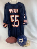 Chicago Bears jersey, football, and helmet