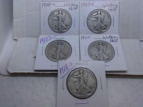 1918S,20,20S,27S,28S, WALKING LIBERTY HALVES (5-COINS) G-VG