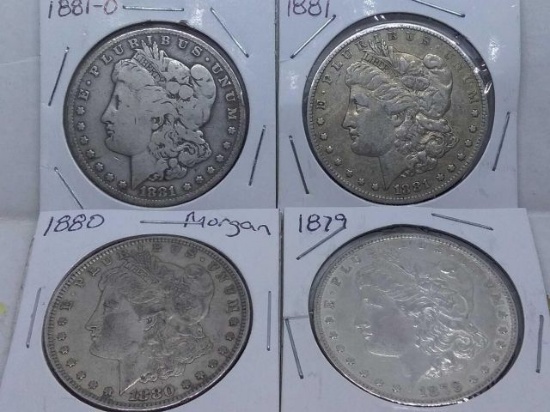 1879,80,81,81O, MORGAN DOLLARS (4-COINS) F-XF