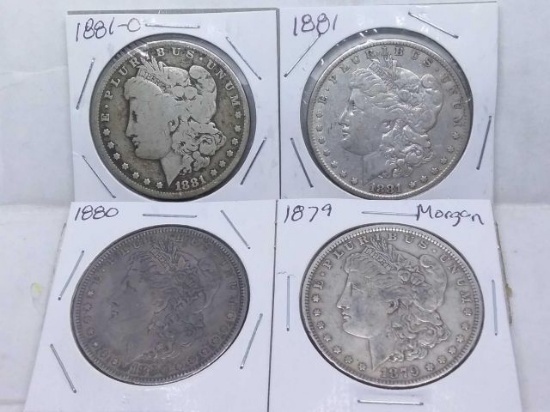 1879,80,81,81O, MORGAN DOLLARS (4-COINS) VG-XF