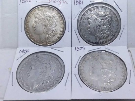 1879,80,81,82, MORGAN DOLLARS (4-COINS) F-AU