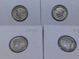 1940,41,42,44, MERCURY DIMES (4-COINS) AU-UNC