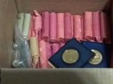 BOX OF MISC. ROLLS OF COINS, WHEAT CENTS AND MORE