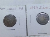 1909 INDIAN HEAD CENT & 1853 SEATED DIME