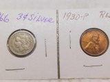 1866 3-CENT NICKEL & 1930 LINCOLN CENT