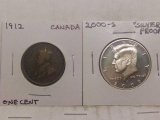 1912 CANADIAN LARGE CENT & 2000S SILVER PROOF KENNEDY HALF