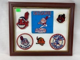 Cleveland Indians Wahoo patch collection 5 total w/ Wahoo decal framed