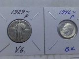 1929 S/L QUARTER VF & 1946 ROOSEVELT DIME BU (2-COINS)