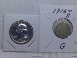 1916S BARBER DIME G & 1962 WASHINGTON QUARTER PF (2-COINS)