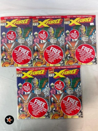 (5) X-Force Comic Books - Issues: 1, 1, 1, 1, 1 (All with Trading Cards)