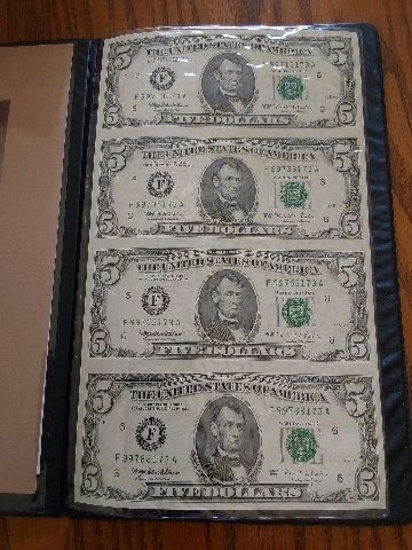 UNCUT SHEET OF 4-1995 $5. FEDERAL RESERVE NOTES IN HOLDER