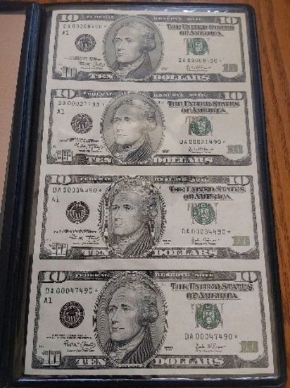 UNCUT SHEET OF 4-2003 $10. FEDERAL RESERVE STAR NOTES IN HOLDER