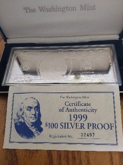 1999 PROOF $100. 4-OZ. .999 SILVER NOTE IN HOLDER