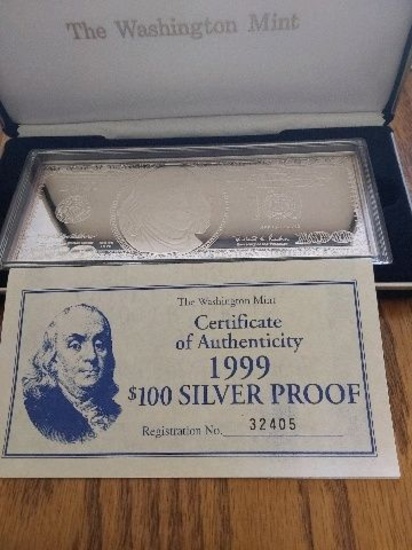 1999 $100. 4-TROY OZ. .999 SILVER NOTE IN HOLDER