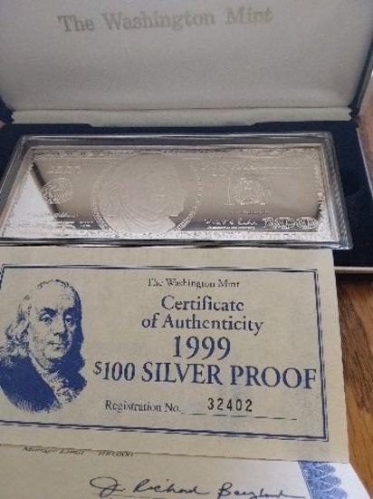 1999 $100. 4 TROY OZ. .999 SILVER NOTE IN HOLDER