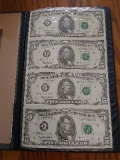 UNCUT SHEET OF 4-1995 $5. FEDERAL RESERVE NOTES IN HOLDER