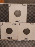 1865,1868,1881 3-CENT NICKELS F