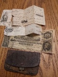 $20. CONFEDERATE NOTE, 2 BANK NOTES IN OLD WALLET
